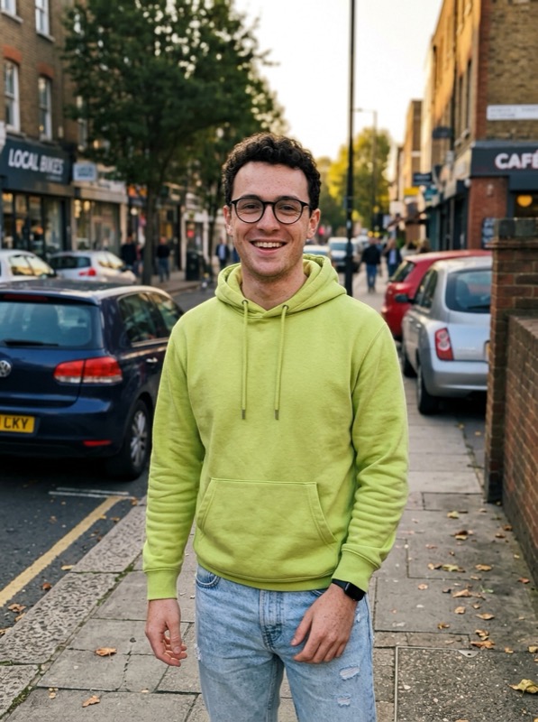Street photo of a smiling man with glasses in a lime-green hoodie and jeans